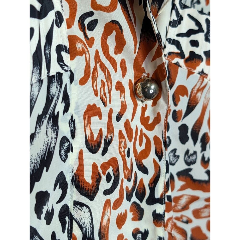 Vintage 80s Jordan Petite Animal Print Blouse Orange Black Leopard Button Front - Picture 4 of 6